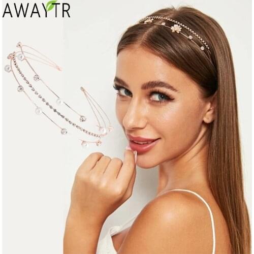 AWAYTR Hair Hoops Fashion Bezel Head Hoop Women Headband Korean Double Row 3 Drainage Hairband Pearl Hair Accessories Tiaras