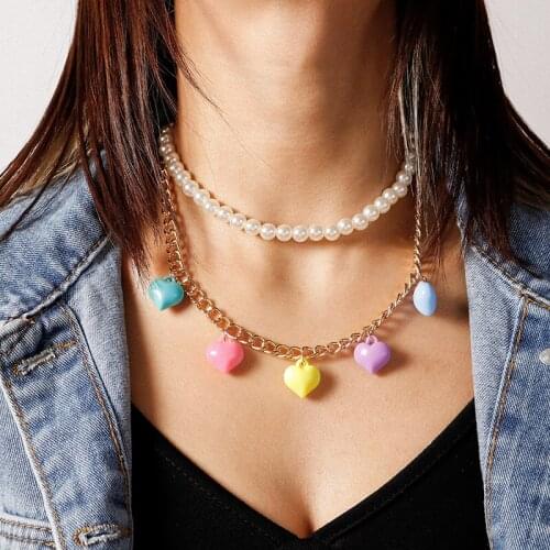 Cute Rainbow Heart Charms Pearl Pendant Hip Hop Colorful Safe Pin Choker Necklace for Women Layers Metal Clavicle Necklaces