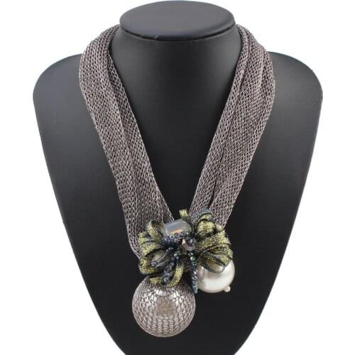 Florosy Fashion New Statement Chunky Rope Chain Big Bead Pendant Necklace for Women Crystal Simulated Pearl Flower Necklace