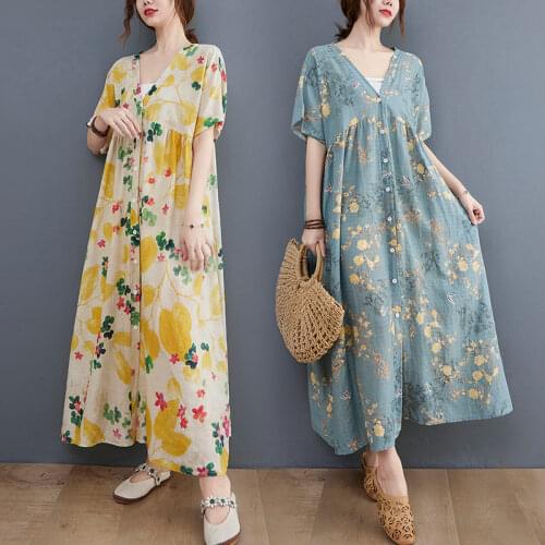 Cotton And Linen Prints Loose Long Dress Casual V-Neck Short Sleeve Single Breasted Summer Tunic Dress Women Big Size zh1607