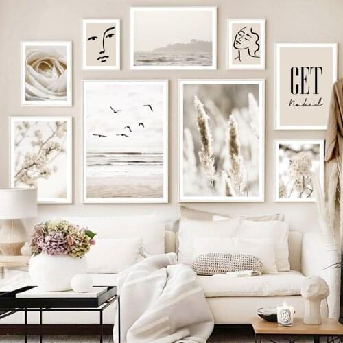 Beach Birds Sea Flower Reed Grass Wall Art Prints Canvas Painting Line Face Nordic Poster Wall Pictures For Living Room Decor