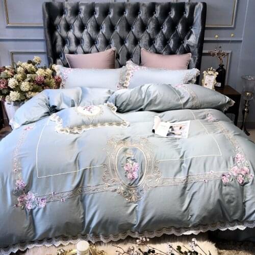 Embroidery Luxury blue Lace100S Egyptian cotton Bedding sets Queen King Royal Duvet cover Bed sheet set Pillowcase 4/6pcs