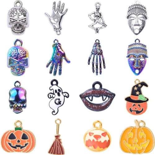 Mix Random Enamel Alloy Ghost Pumpkin Bat Witch Hat Charms Evil Hand Skull Pendant Halloween Decoration Jewelry Accessories