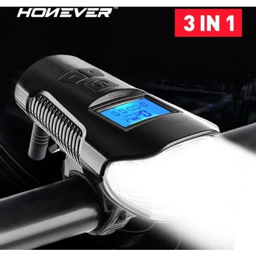 3 in 1 Waterproof Bicycle Light USB Rechargeable Bike Front Light Flashlight Handlebar Cycling Head Light w/ Horn Speed Meter