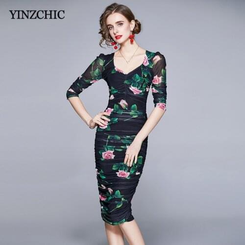 Spring Woman Floral Sheath Dress V-neck Slim Mesh Skirts Party Elegant Evening Skirts for Office Lady Sexy Draped Vestidos Femme