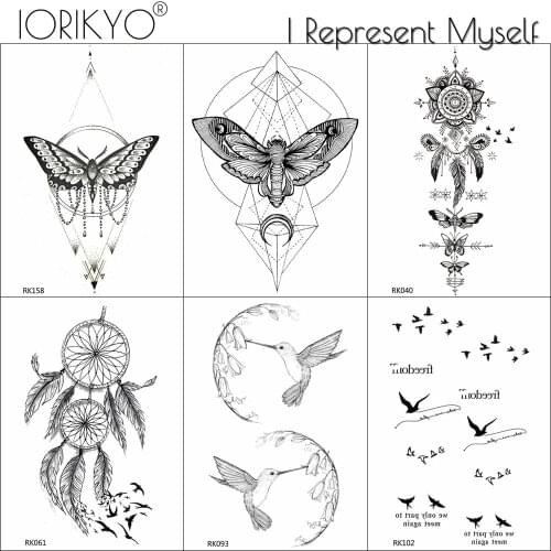 Geometric Moth Waterproof Fake Tattoos Stickers Body Arm Wrist Tattoo Temporary Black Humminbirds Tatto Stickers For Women Men