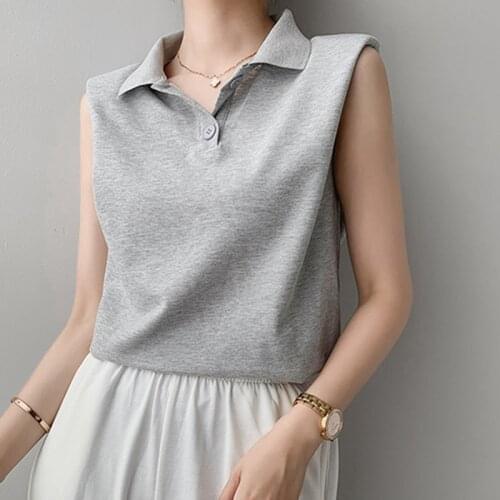 LJSXLS Summer Sleeveless Cotton Women T-shirt Solid Turn-down Collar Short Sleeve Tees Top Female Korean Fashion Woman Clothes