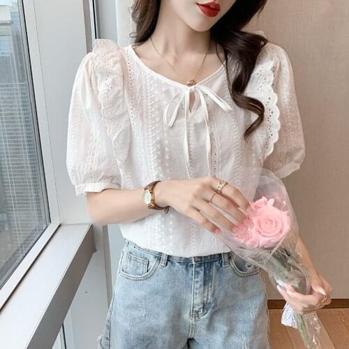 2021 Summer Womens Top Puff Sleeve Short Sleeve Chiffon Blouse Bow Collar Pleated Ruffled Straight Solid Shirt New 14603