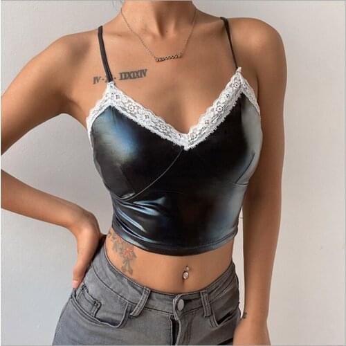 2020 Leather Cami Top Womens Clothing Streetwear Sexy Lace Stitched Spaghetti Strap Crop Top Female Sleeveless Vest Summer