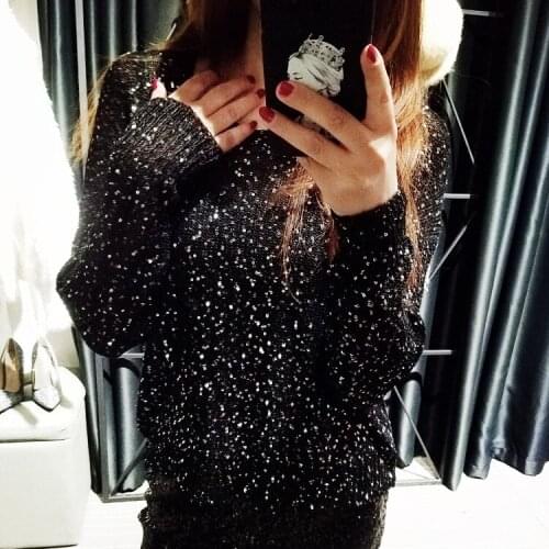 Womens spring autumn sequins beaded knitted shiny sweater Female long sleeve casual loose blingbling chic thin pullover TB1064
