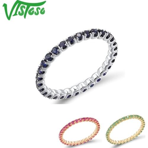 VISTOSO Pure 14K White/Rose/Yellow Gold Ring For Women Full Circle Stones Blue Sapphire/Ruby/Emerald Stackable Ring Fine Jewelry