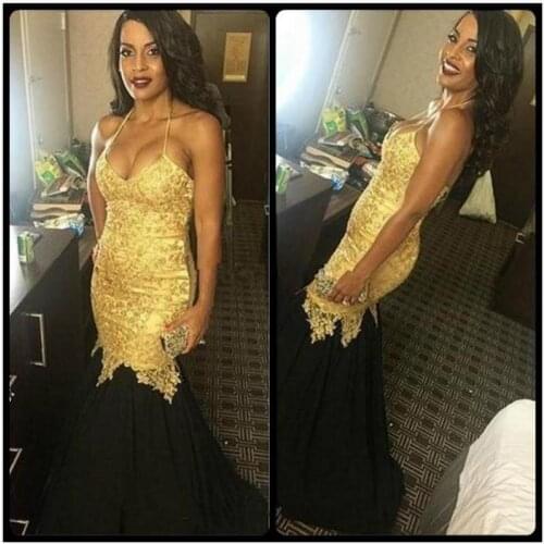 2020 New Sexy Halter Gold Lace Appliques Mermaid Prom Dresses Black Long Evening dresses Party Dresses Vestidos De Formatura