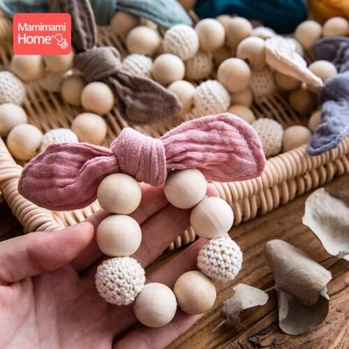 1pc Baby Wooden Teether Nursing Bracelets Rattle Rings Toys Crochet Beads Cotton Cloths Rabbit Ears Wooden Rodent Blank Gifts