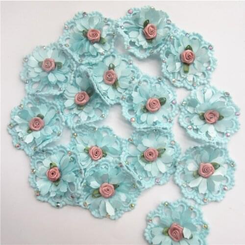 1 yard Blue Cotton Rhinestone Flower Embroidered Lace Trim Ribbon Fabric Sewing Supplies Craft For Costume Dress Hat Decoration