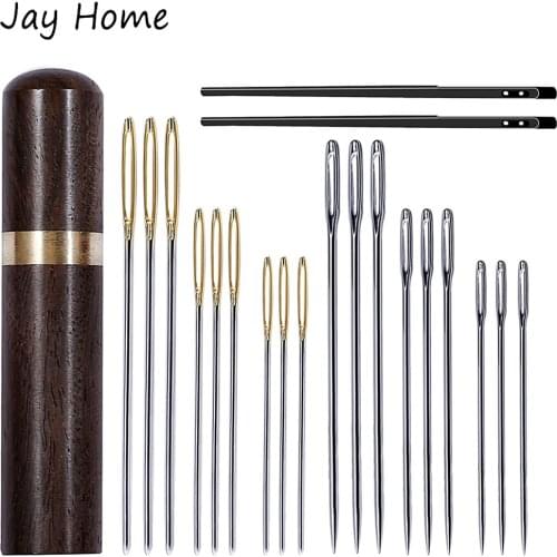 18Pcs 3 Sizes Big Eye Blunt Needles with 2 Leather Lacing Needles Wooden Bottle for DIY Leather Crafting Hand Sewing Needles