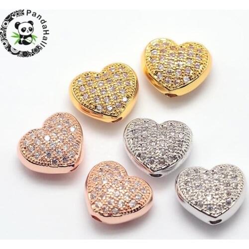 20pcs Brass Micro Pave Cubic Zirconia Hollow Beads Metal Heart Beads for Jewelry Making Golden Color, 8x9x5mm, Hole:1mm