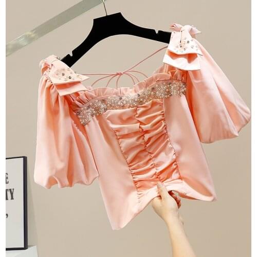 Sexy Blouses Womens New Beads Diamond Sweet Tridimensional Bow Retro Short Lantern Sleeve Square Collar Back Zipper Top Shirts