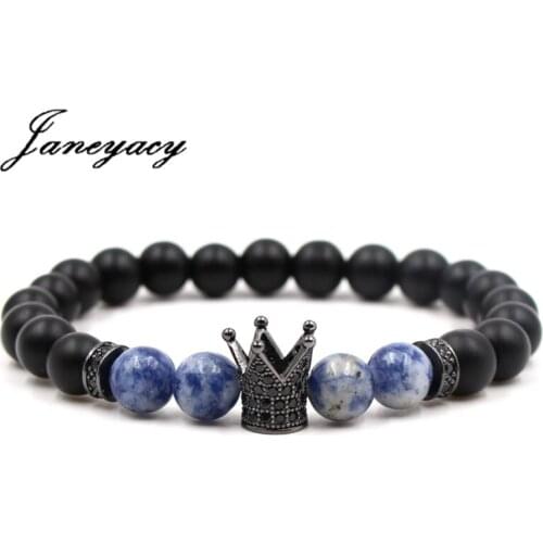 Janeyacy New Fashion Brand Bracelet 8mm Scrub Stone CZ Bracelet Mens Crown CZ Bead Bracelet Womens Jewelry Homens Pulseira