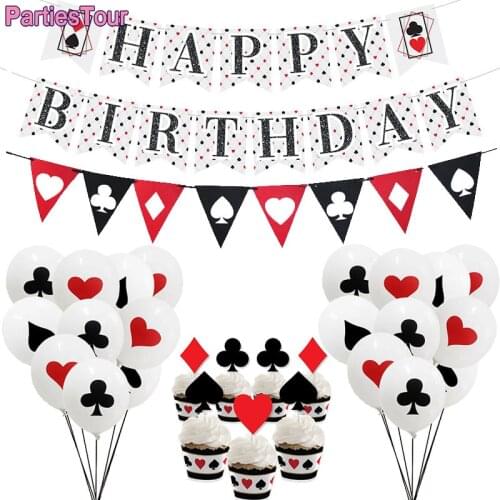 Casino Theme Party Decor Poker Happy Birthday Banner Casino Triangle Bunting Las Vegas Party Decor Cake Toppers Poker Ballons
