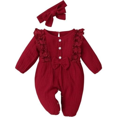 Ins Autumn Spring Baby Girl Ruffled Bow Long-sleeved One-piece Rompers Infant Kids Cotton Bodysuit+Headband 2PCS Clothes Outfits