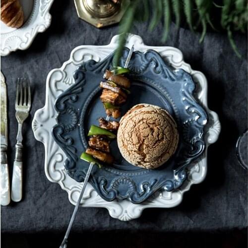 Retro White/Blue Ceramic Dinner Dishes Dessert Tray West Dish Salad Bowl Soup Noodles Embossed Pattern Porcelain Dinnerware