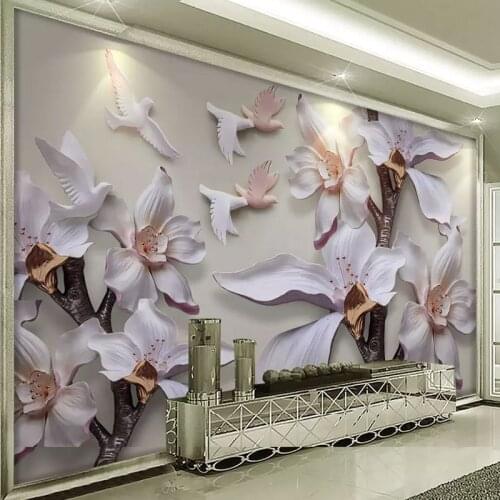 Photo Wallpapers Embossed White Magnolia Resin 3D Large Mural For Living Room TV Background Wall Cloth Fresco Wall Paper For 3D