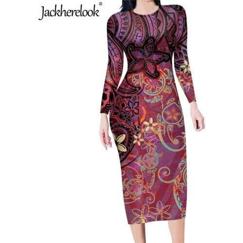 Jackherelook Vintage Red Polynesian Tribal Floral Print Womens Bodycon Fashion Party Pencil Dress Office Lady Fit Slim Dresses