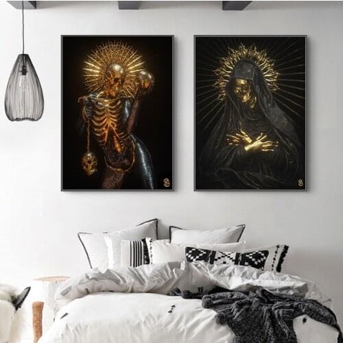 Canvas Painting A Skeleton with Golden Wings Canvas Poster Print for Living Room Home Decoration No Frame