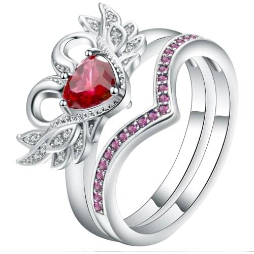 Hainon Sweet Heart Square Cut Rings Sets Red Blue Cubic Zirconia Silver Color Party Ring Sets Fashion Brand Women Jewelry