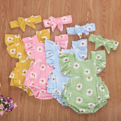Newborn Infant Baby Girls Boys Bodysuits Headband Flowers Print Ruffles Short Sleeve Backless Jumpsuits 4 Colors
