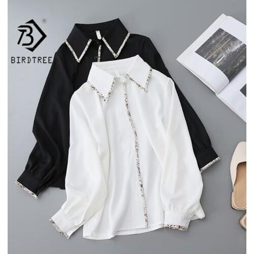 Autumn New Women Vintage Patchwork Loose Office White Shirts Turn-Down Collar Lantern Sleeve Chiffon Blouse Casual Basic Tops T1