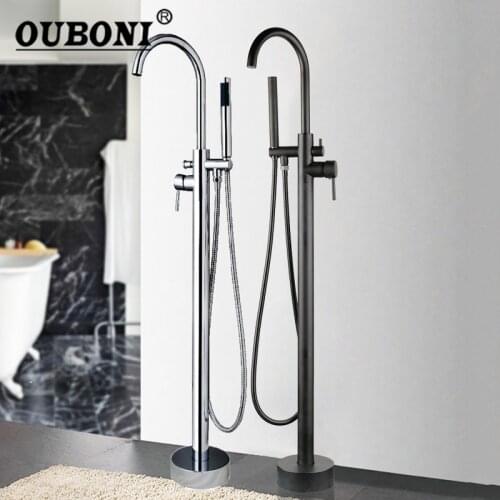 OUBONI Free Standing Black Bathtub Bathroom Faucet Chrome Polish Shower Bath Mount Floor Bathtub Faucet Mixer with Hand Shower