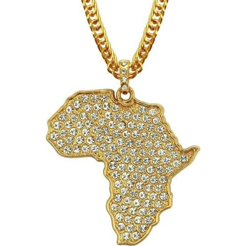 Iced Out Africa Map Shaped AAA Zirconia Pendant Necklaces Inlay Rhinestone Map Charm Necklaces For Women Men Jewelry