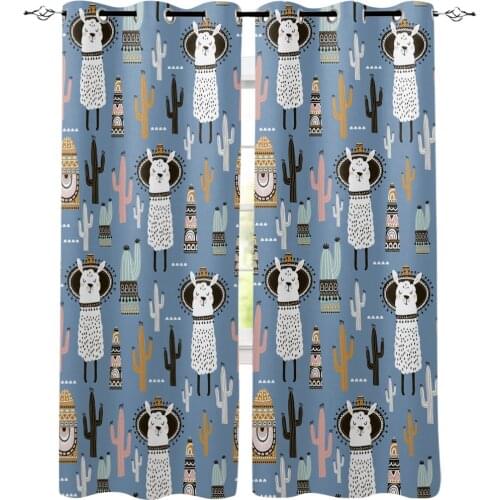 Alpaca Cartoon Cactus Window Curtains LivingRoom Kitchen Curtains Left and Right Biparting Open