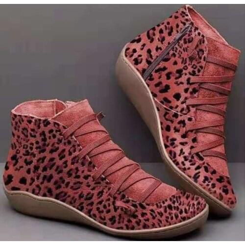 Women Boots Ankle Leather Lace Up Booties Womens Big Size 35-43 Leopard Flats Winter Boots Fall Women Shoes