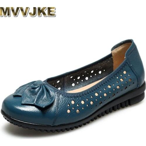 MVVJKESummer Mother Genuine Leather Shoes Women Butterfly-knot Loafers Lady Flats Ballet Spring Casual Flat Shoes Woman Moccasin