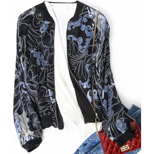 Vintage literary print silk rotten flowers jacket jacket female mulberry silk loose Korean version of baseball jersey cardigan