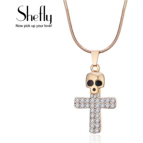 Antique Tibetan Gold Cross Pendant Necklaces Punk Skull Crystal Jesus Necklace For Women Viking Jewelry Crucifix Female Gift