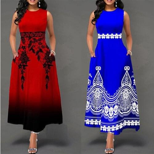 Women Sleeveless O-Neck High Waist Africa Dress 2021 Elegant Ankle-Length Party Printed Sweet Robe Female Casual Maxi Dresses