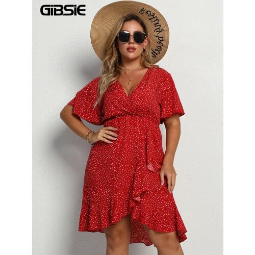 GIBSIE Surplice Neck Polka Dot Ruffle Dress Plus Size xxxl 4xl Women Summer Short Sleeve Boho Casual Street Ladies Midi Dresses