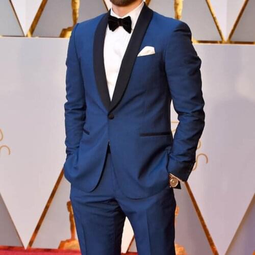 2019 Blue One Button Mens Slim Fit Shaw Lapel Suits Men Custom Made Party Dinner Suits Men 2 Pieces Smoking Suits Jacket