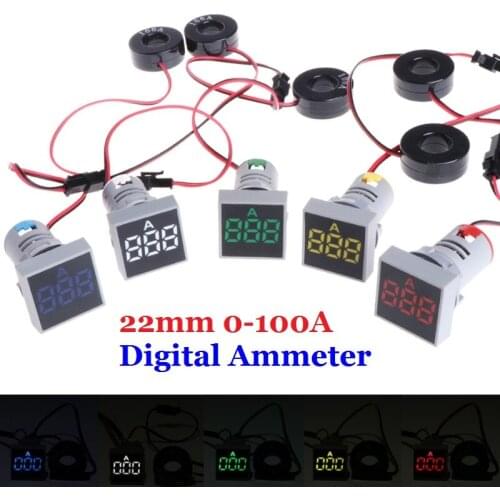 22MM 0-100A Digital Ammeter Current Meter Indicator Led Lamp Square Signal Light Red Yellow Green White Blue Digital with CT