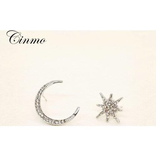 Cinmo Moon Star Asymmetric Piercing Stud Earrings Korean Cute Crystal Earrings For Women Girls Wholesale Party Ear Jewelry Gifts