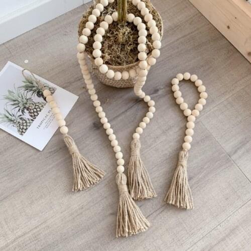 Wood Bead Garland With Burlap Knot Tassel Pendants Farmhouse Rustic Wall Hanging Decor Boho Home Decorations