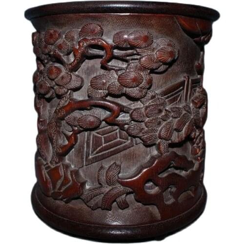 China Old Wood Mahogany Carving Pen Holder Seiko Relief Storage Pen Holder Ornaments