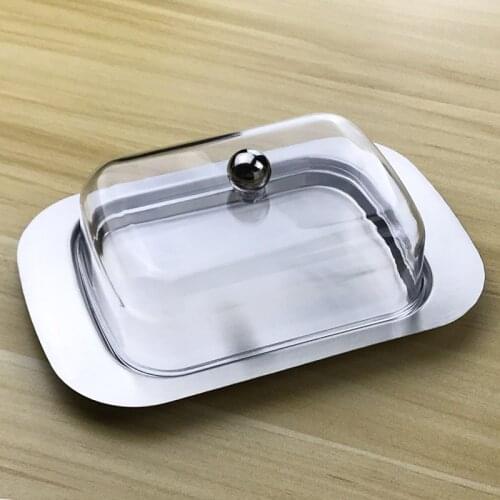 Butter Dish Box Container Cheese Bread Storage Tray with See-through Lid Stainless Steel Butter Cheese Dish Box Container