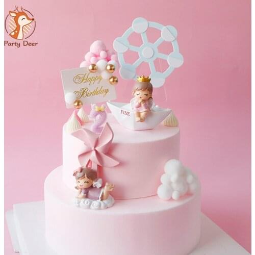 Crown Princess Prince Decoration boat windmill Pink Balls Cake Topper Happy Birthday for Kid Party Wedding Supplies Baking Gifts