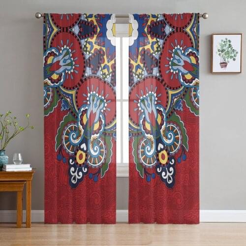 Red Oriental Ethnic Flowers Retro Sheer Curtains for Living Room Tulle Curtain for Bedroom Kitchen Window Voile Curtains