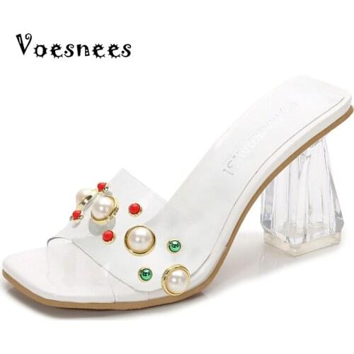 PVC Summer Clear Transparent Slippers Women Shoes Woman Mules Slides Peep Toe High Heels 8CM Slippers Female Pearl Ladies Shoes