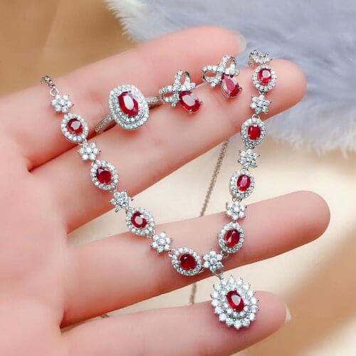The Best Birthday Gift Ruby Set Natural And Real Ruby Jewelry Set 925 Sterling Silver 1pc Ring,1pc Pendant,2pcs Earring